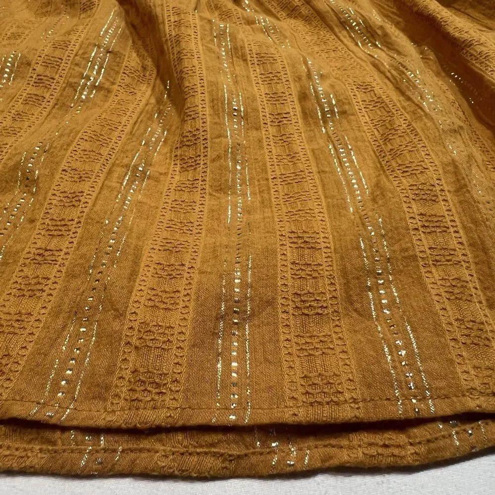 LC Lauren Conrad Metallic Stripe Square Neck Peasant Blouse Top Mustard M Cotton - Picture 5 of 9